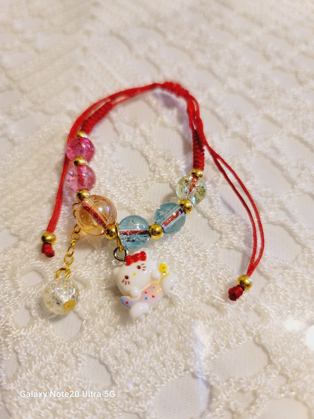 Red Cord Beaded Cat Charm Bracelet with Multicolor Glass Beads